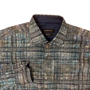 Bugatchi Button Down Shirt Mens Size Medium Blue Grey Abstract Grid Classic Fit
